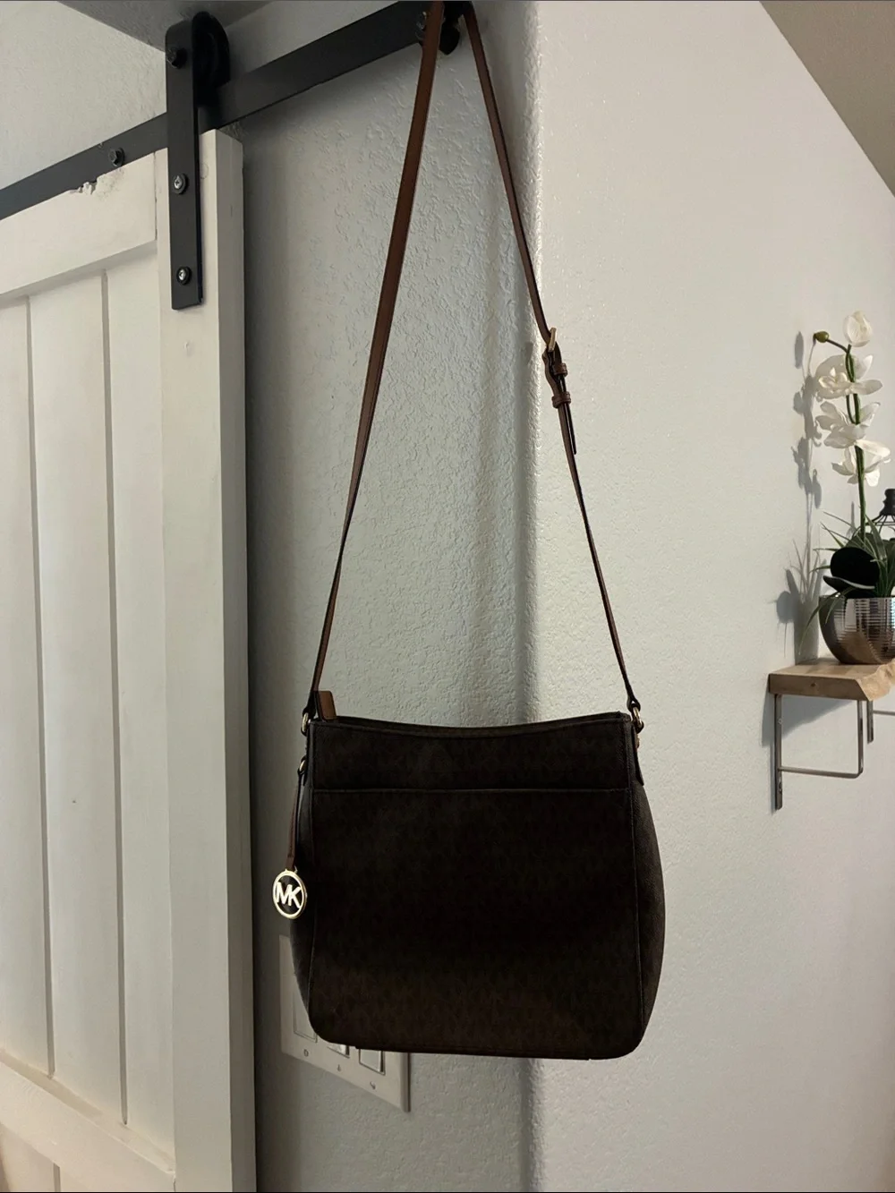 NWOT!!! Michael Kors Dark Brown Monogram Crossbody with Gold Charm